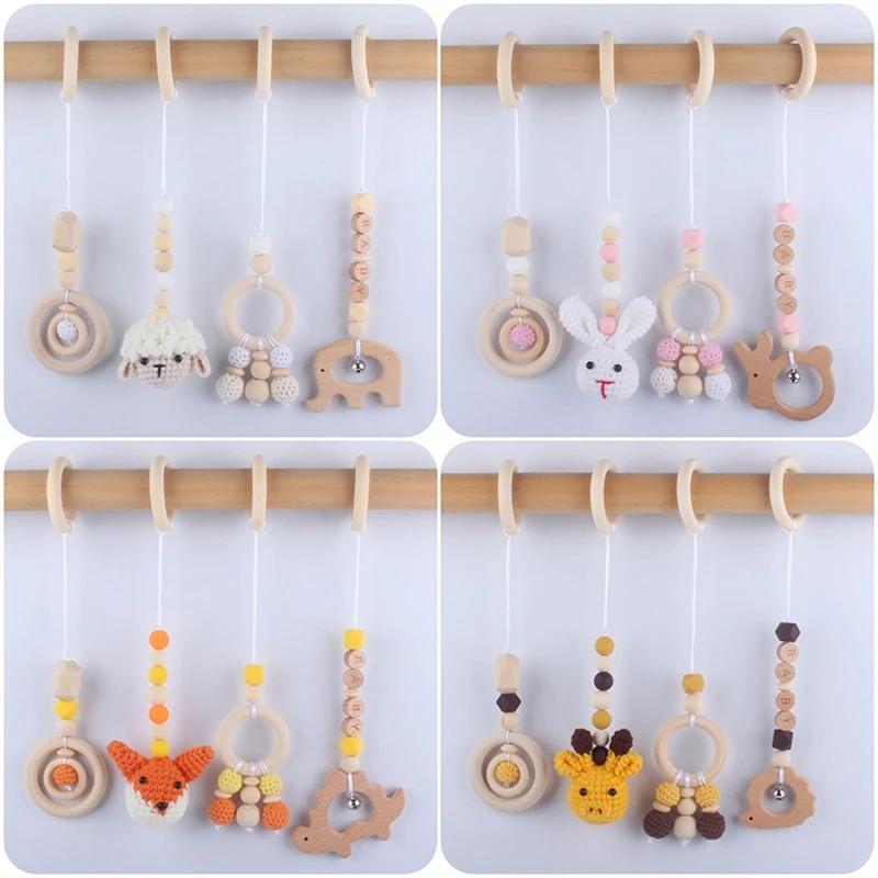 Baby Beech Hanging Pendants 4pcs/set Knitting Doll Ring Teether Teething Nursing Rattle Toy for Stroller Gym Newborn